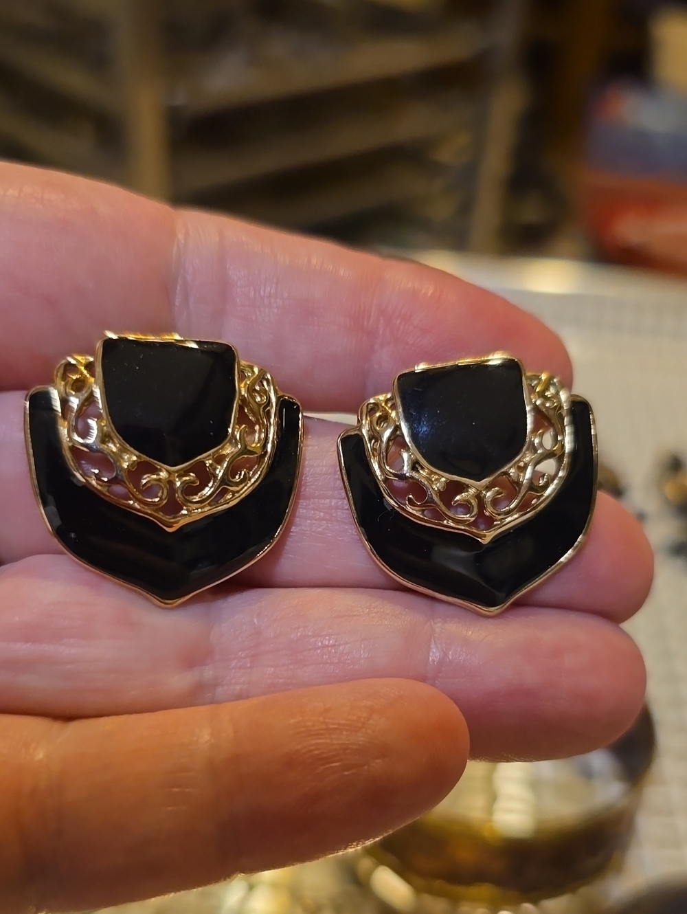 Gold-Tone Black Enamel Statement Earrings